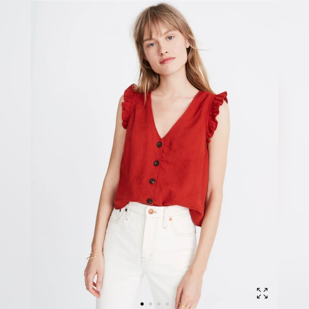 Madewell Red Ruffle Sleeveless V-Neck Linen Blouse